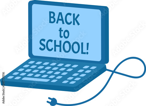 Blue laptop featuring a back to school message symbolizes a learning opportunity, with its power cord creatively forming an infinity symbol, representing endless possibilities in education