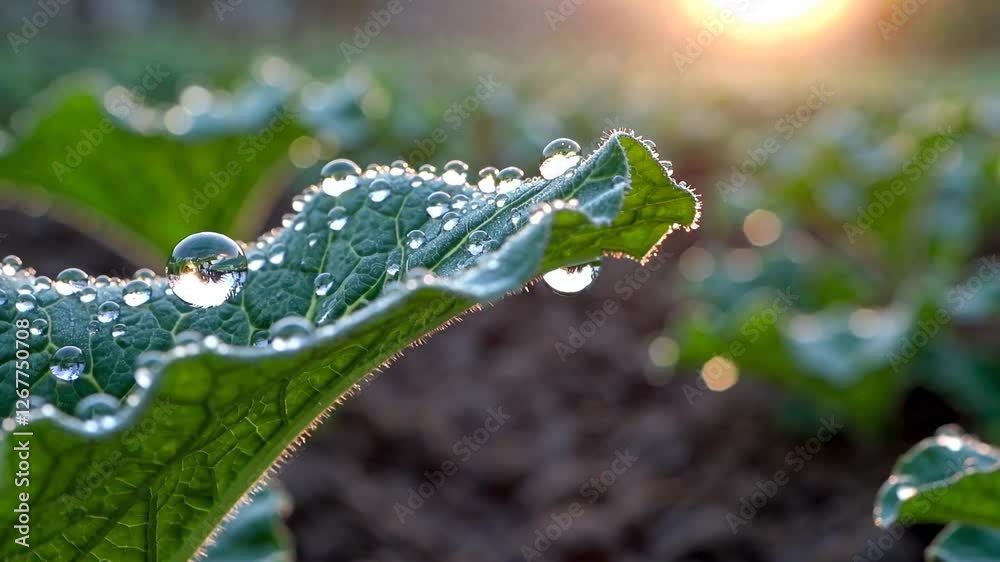 macro video capturing the delicate beauty of morning dew resting on the vibrant green leaves of a vegetable garden.