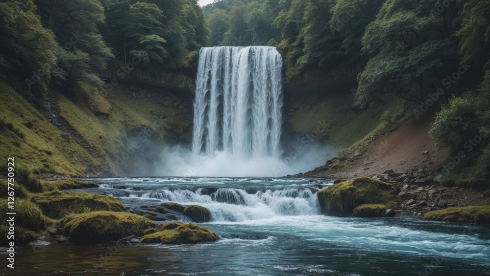 Naklejka premium Majestic waterfall cascading into serene river surrounded by lush greenery and rocky terrain with mist rising, Copy Space available