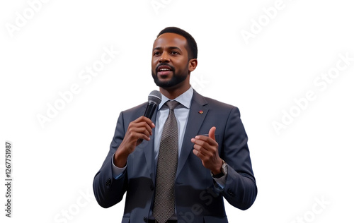 Businessman in formal attire giving a speech on mic, Employee executive CEO giving speech in townhall wearing a suit