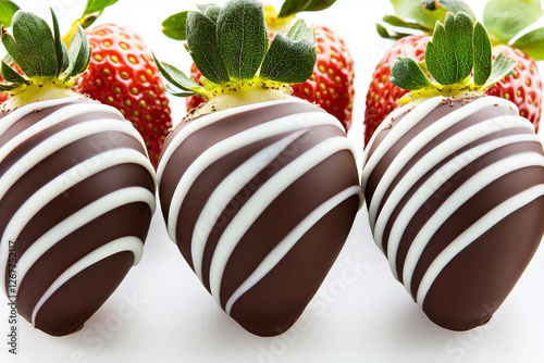 A delightful assortment of chocolate covered strawberries is presented on a clean white background. Each strawberry is dipped in rich dark chocolate and artistically drizzled with white chocolate, enh photo