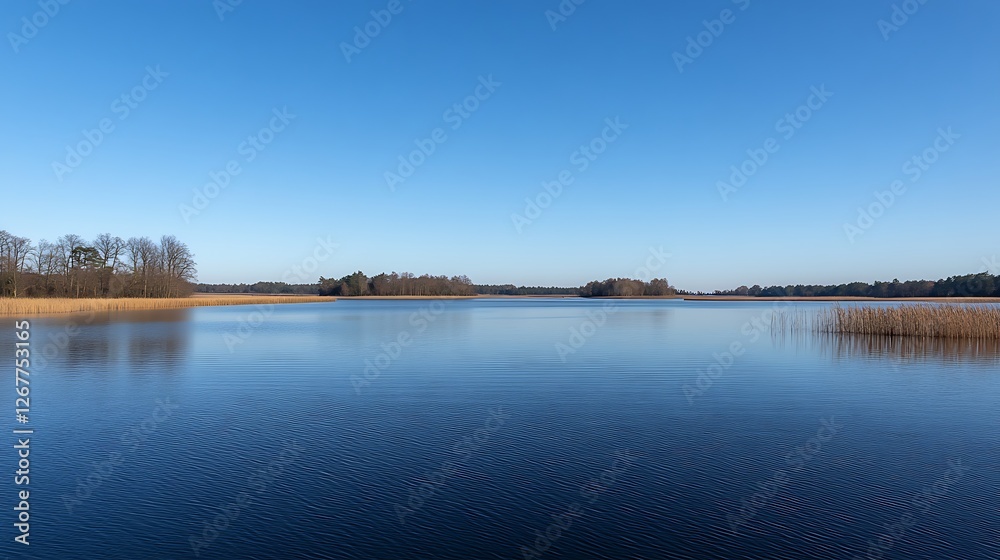 Calm lake landscape with trees and reeds under a clear blue sky Calm lake landscape with trees and reeds under a clear blue sky