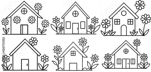 house with flowers Coloring Page Printable Line Art Drawing