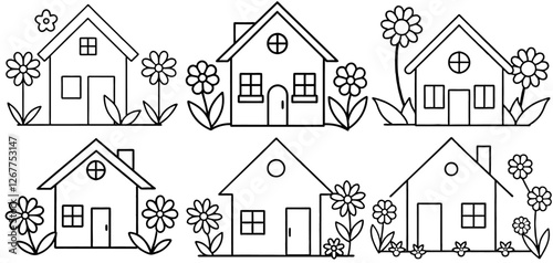 house with flowers Coloring Page Printable Line Art Drawing