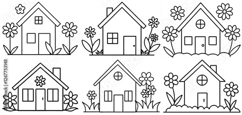 house with flowers Coloring Page Printable Line Art Drawing