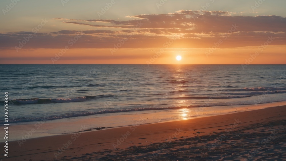 Sunset over calm ocean waves with sandy beach shoreline and colorful sky in warm tones, tranquil nature landscape, Copy Space Sunset over calm ocean waves with sandy beach shoreline and colorful sky in warm tones, tranquil nature landscape, Copy Space