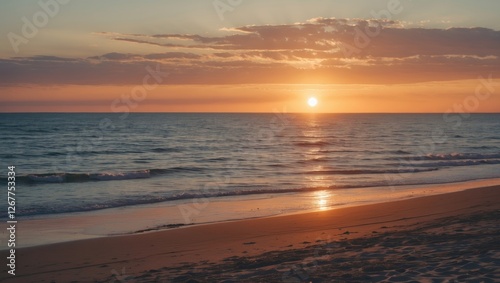 Sunset over calm ocean waves with sandy beach shoreline and colorful sky in warm tones, tranquil nature landscape, Copy Space