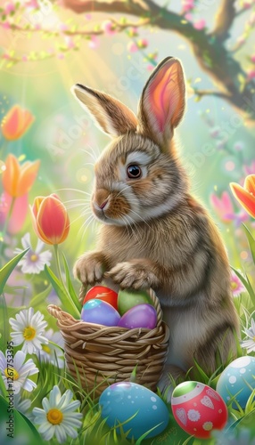 Cheerful Easter Card Design with Bunny and Colorful Spring Flowers for Print and Posters
