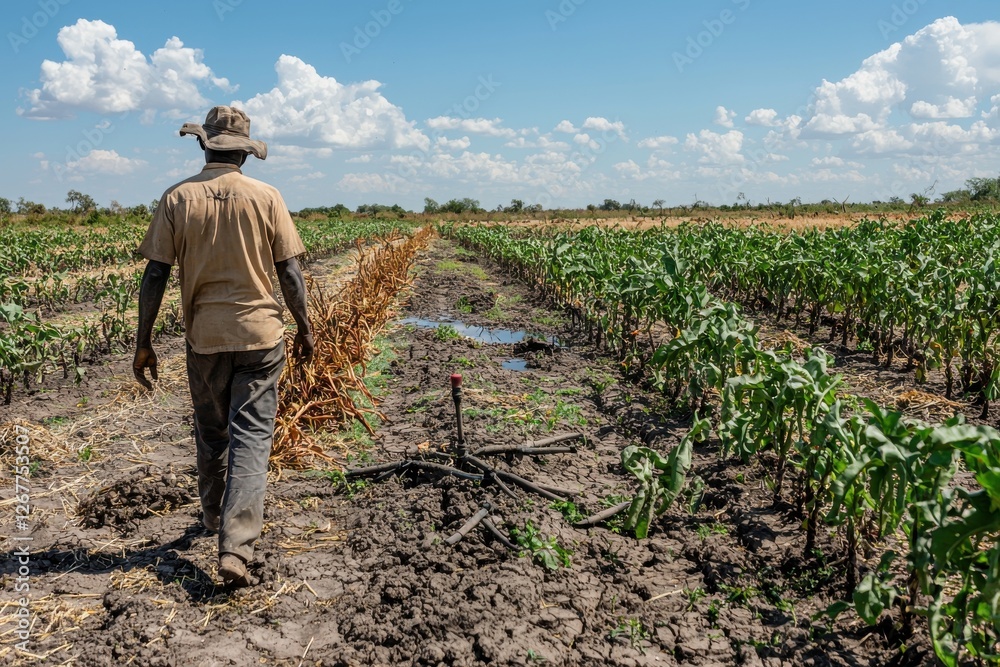 Fototapeta premium Farmer walking through a lush green cornfield on a sunny day, inspecting the crops, with a bright blue sky and fluffy clouds above, overseeing the irrigation system
