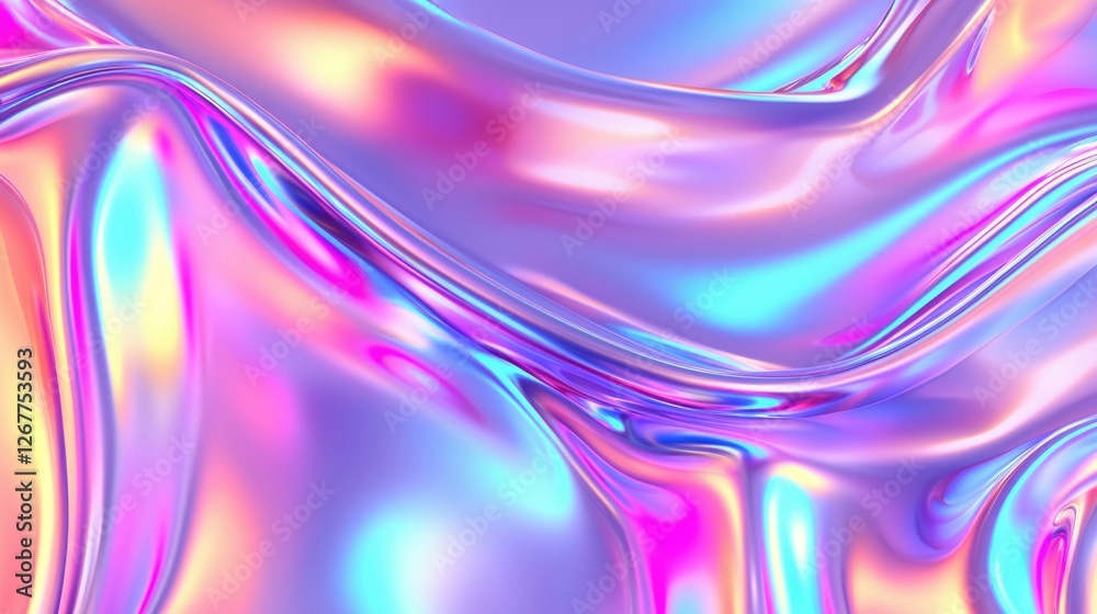 Iridescent liquid texture. Smooth waves with vibrant neon color. Cool background