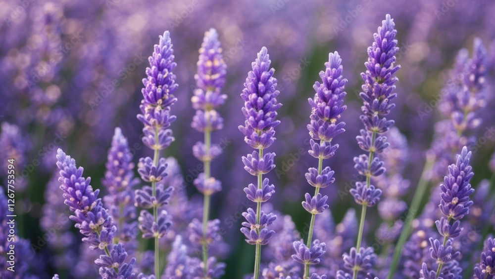Fototapeta premium Lavender flowers in full bloom with soft purple hues on stems in a field, natural background, Copy Space