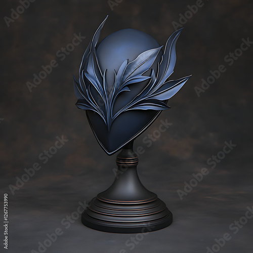 Elegant Dark Blue Mask Adorned with Leaf Design on a Decorative Stand against a Neutral Backdrop photo