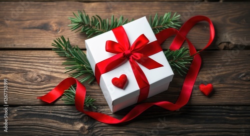 White gift box with red ribbon and heart-shaped decoration on wooden table with evergreen branches and red ribbons, Copy Space