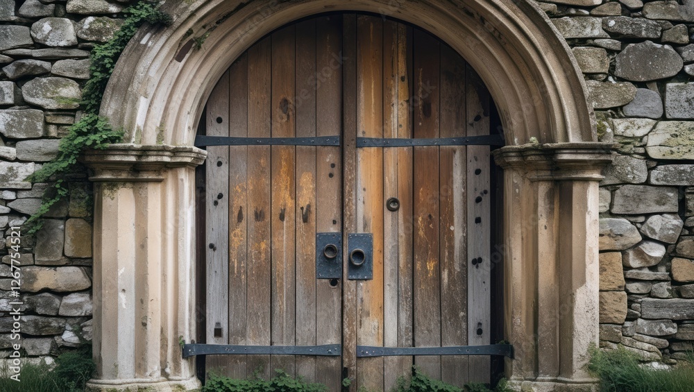 Wooden archway door with weathered texture and stone wall backdrop featuring greens and historical architectural details Copy Space Wooden archway door with weathered texture and stone wall backdrop featuring greens and historical architectural details Copy Space
