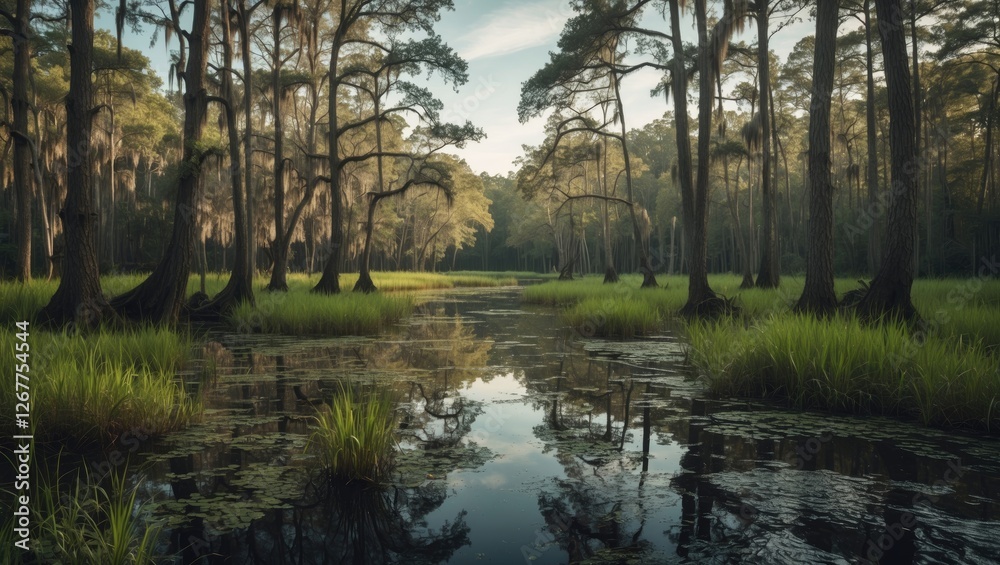 Serene swamp landscape with cypress trees reflecting in calm water and lush green grass under soft morning light. Copy Space Serene swamp landscape with cypress trees reflecting in calm water and lush green grass under soft morning light. Copy Space