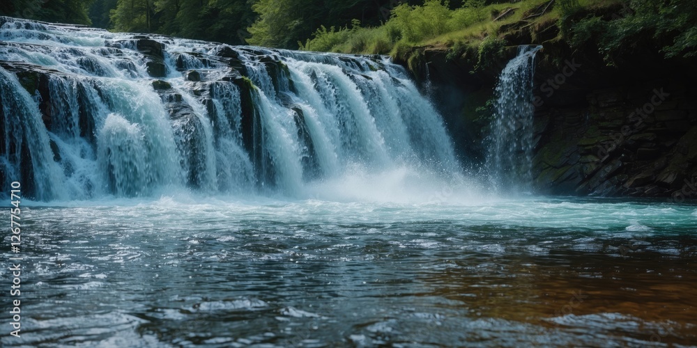 Fototapeta premium Waterfall cascading over rocks into a tranquil river surrounded by lush green vegetation Copy Space