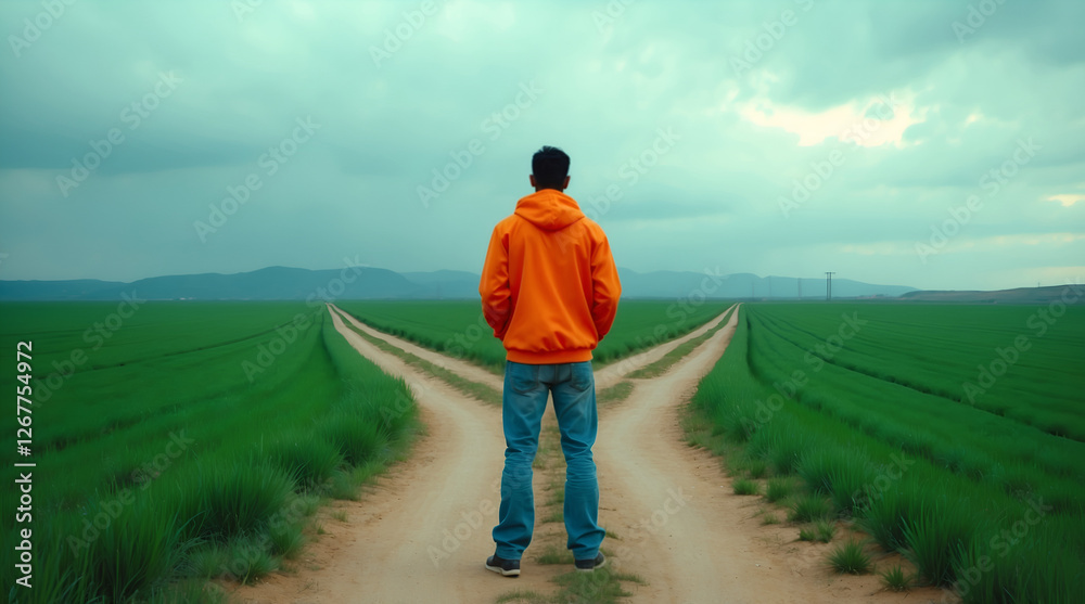 Man at crossroads in vast green field under cloudy sky symbolizing choices, decisions, and personal journey in nature Man at crossroads in vast green field under cloudy sky symbolizing choices, decisions, and personal journey in nature