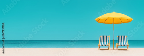 Two striped beach chairs (deck chairs) with blue and white stripes positioned on a sandy beach under a large white beach umbrella. The chairs are facing the ocean,  turquoise blue.