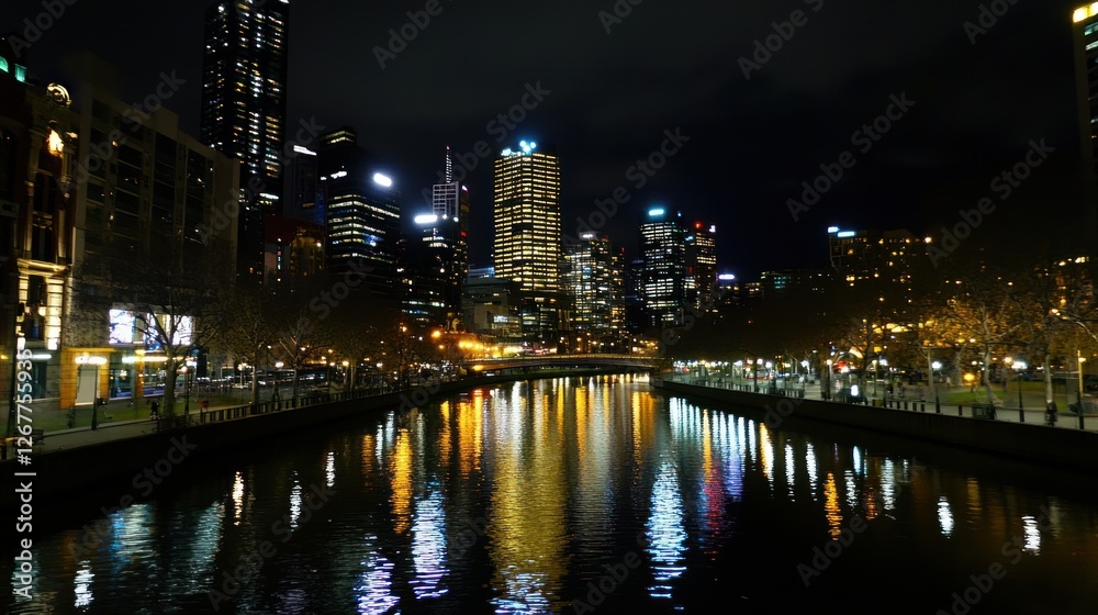 Naklejka premium Night View of Melbourne City Skyline Reflected on Yarra River