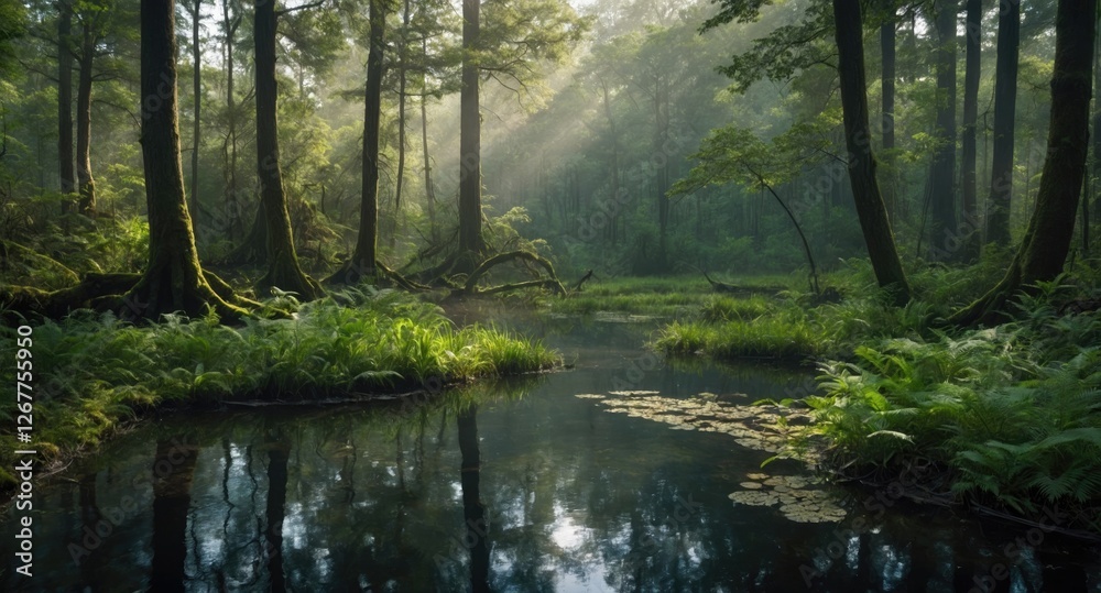 Misty forest landscape with calm water reflections and lush greenery in soft natural light Copy Space Misty forest landscape with calm water reflections and lush greenery in soft natural light Copy Space