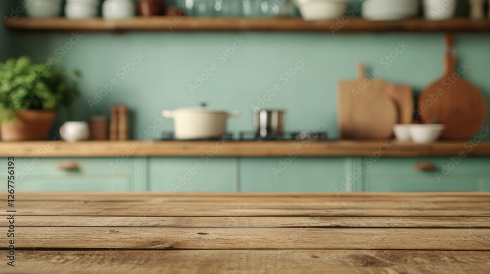Cozy kitchen with rustic wooden tabletop and green wall decor Cozy kitchen with rustic wooden tabletop and green wall decor