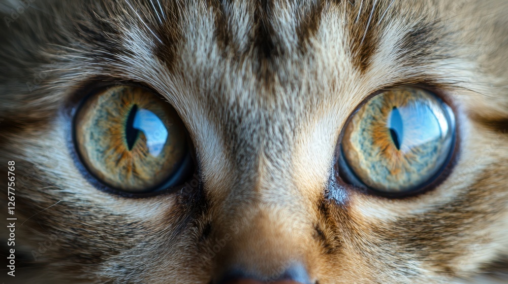 Obraz premium Macro Close-Up of an Adorable Tabby Cat with Piercing Green Eyes and Whiskers - Pet Photography Exploration in Nature