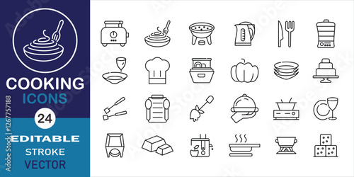 Cooking related line icon set. Cooking preparation pot, pan and kitchen utensils linear icons. Set of 24 outline icons related to cooking and kitchen. Vector illustration.