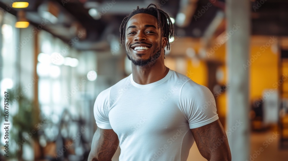 A smiling man in a vibrant workout outfit stands confidently in a brightly lit gym, surrounded by modern fitness equipment A smiling man in a vibrant workout outfit stands confidently in a brightly lit gym, surrounded by modern fitness equipment