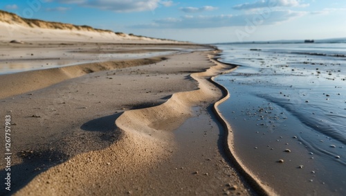 Sand patterns on a beach at low tide with reflection of the sky in the water and distant shoreline under blue clouds Copy Space photo