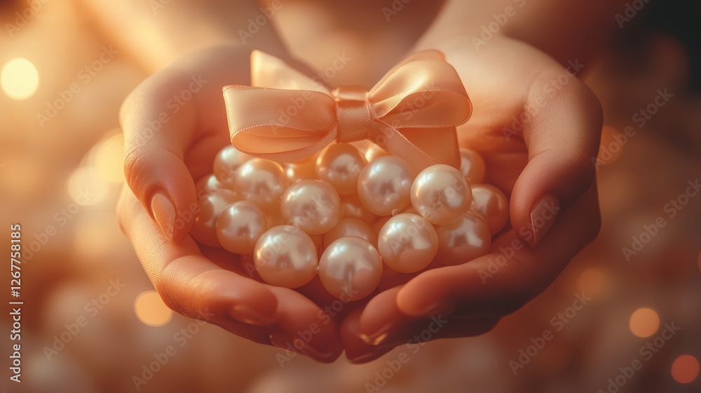 Elegant hands holding pearls with satin bow in soft warm light Elegant hands holding pearls with satin bow in soft warm light
