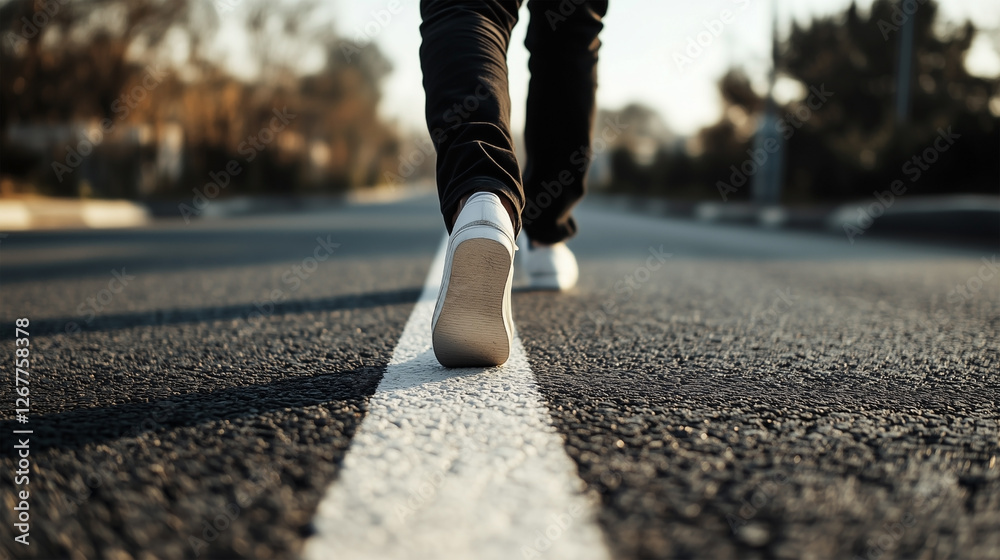 A person is walking on a road with white lines A person is walking on a road with white lines