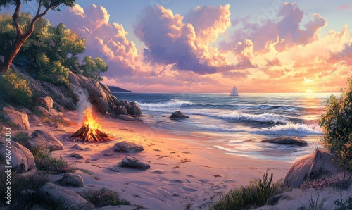 A serene beach scene at sunset with a campfire, gentle waves, and a distant sailboat on the horizon