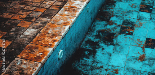 The neglected pool showcases dirty tiles, rust, and dirt, highlighting a state of disrepair in an abandoned leisure area