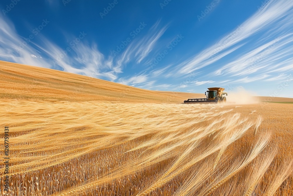 Obraz premium Harvesting a vast wheat field on a summer day with a combine harvester under the beautiful blue sky and cirrus clouds, dusty but efficient work, farmland.