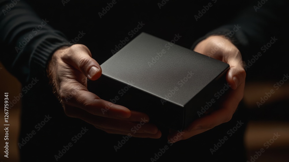 Naklejka premium Male hands holding gift box in dim light