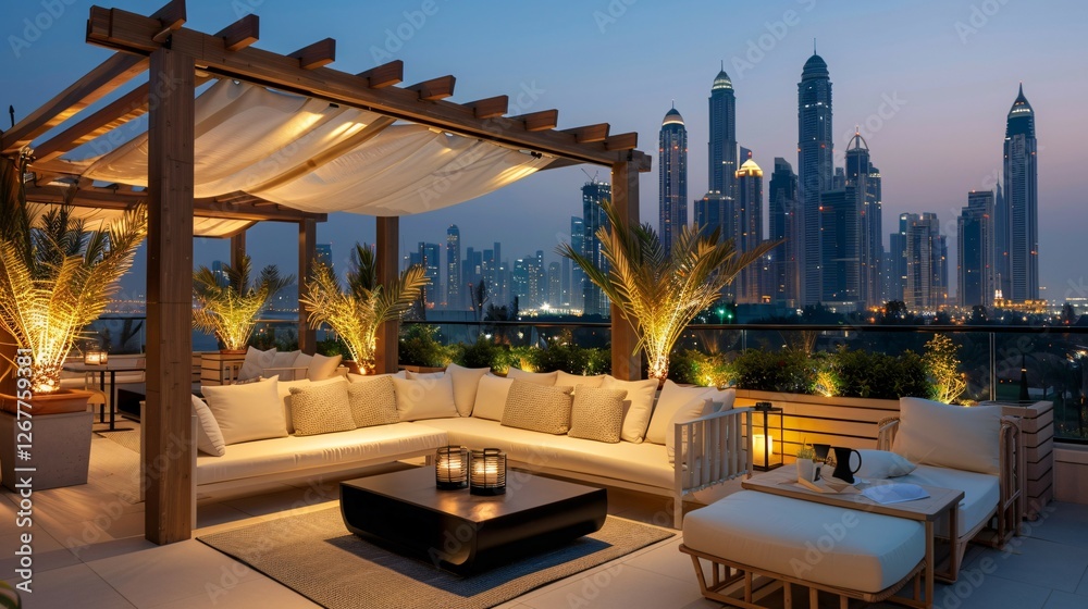 Fototapeta premium Elegant terrace background with wooden pergola, soft lighting, and cozy seating