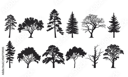 set of different type trees silhouettes,plam tree pain tree.
