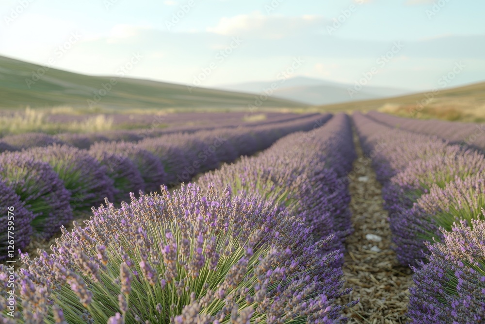 Obraz premium Vibrant lavender field stretching to distant hills, creating a serene and picturesque landscape on a sunny day in Provence, France, during the summer season.