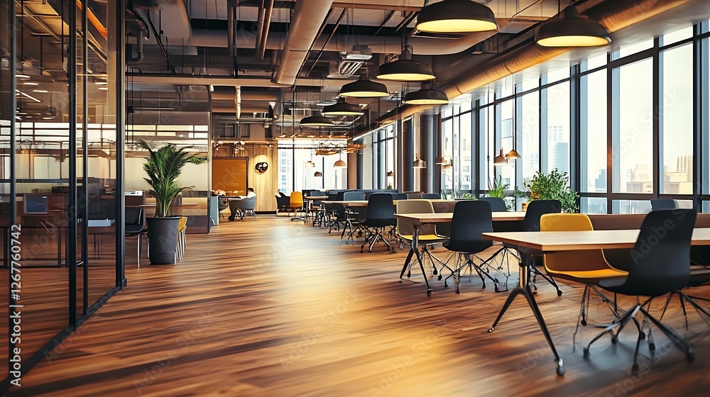 Modern Office Workspace With Open Plan Design And City Views Modern Office Workspace With Open Plan Design And City Views
