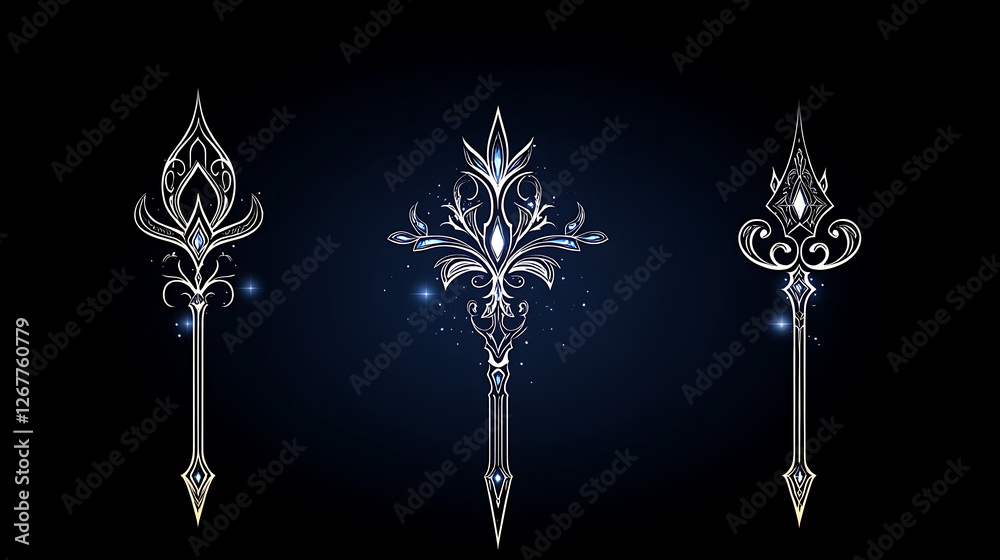 Fototapeta premium Elegant Ornamental Scepters on a Dark Background Illustration with Sparkles and Shimmering Lights