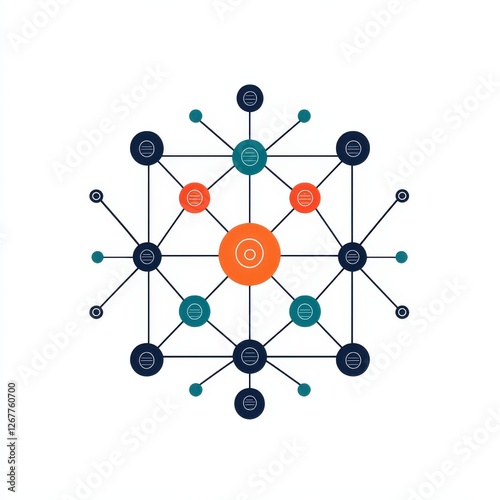 A visual representation of a network or system, featuring interconnected nodes with varying colors, emphasizing relationships and connections.