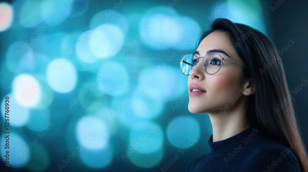 Woman with glasses looks upward in contemplation Woman with glasses looks upward in contemplation