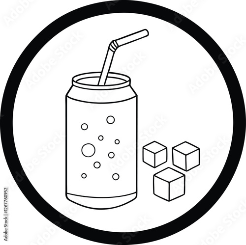 Sugary Soda Can Sweet Drink, Bubbles, Straw, Cubes, Refreshment