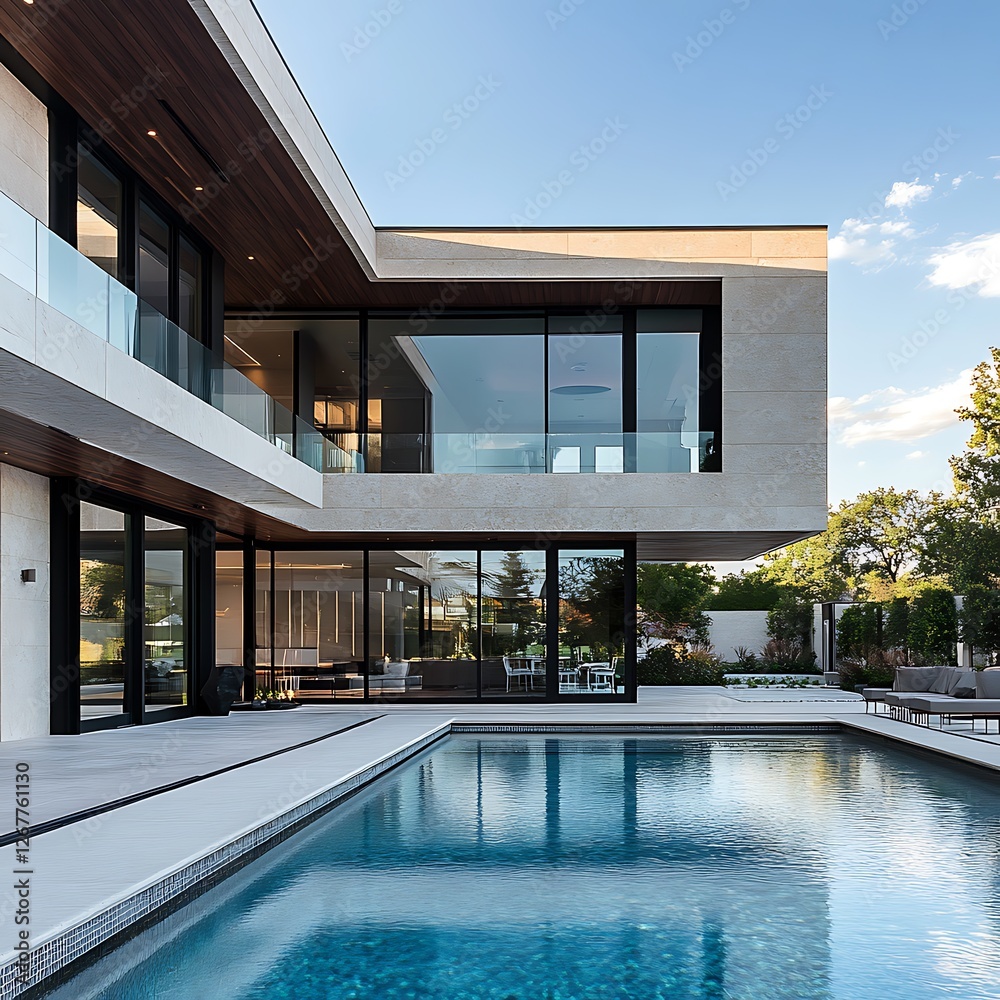 Fototapeta premium eye-catching residence glowing with exquisite lighting and landscaped image