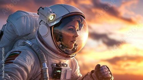 Female astronaut in space suit, sunset backdrop, hopeful future, inspirational image