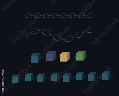Blockchain design elements, set of four. 2 regular chains and 2 blockchains in different colors. Set for cryptocurrency 