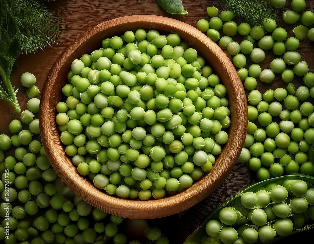 Fresh green peas in a wooden bowl surrounded by scattered pods and loose peas on a rustic wooden table Fresh green peas in a wooden bowl surrounded by scattered pods and loose peas on a rustic wooden table