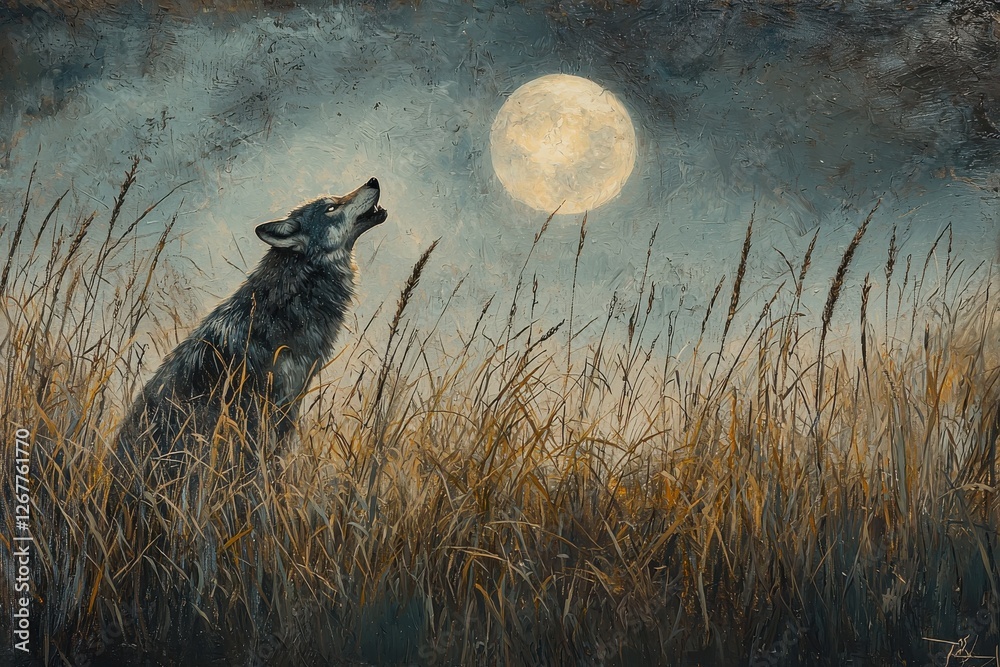 Fototapeta premium A majestic wolf howling at the full moon in a field of tall golden grass at night. Impasto oil painting shows animal in nature, dark skies and dramatic tones.