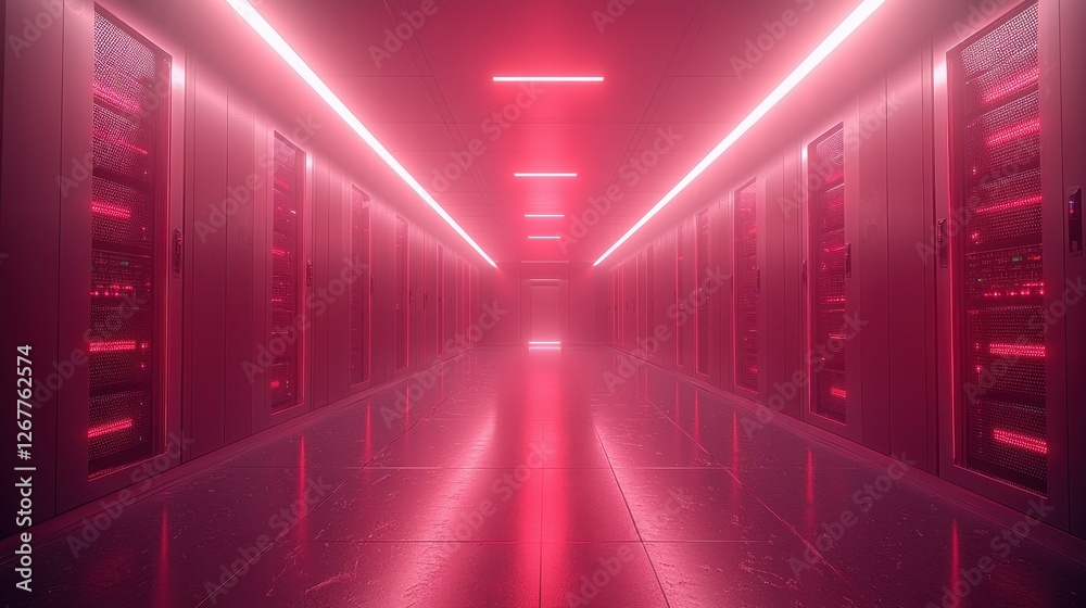 Pink-lit server room corridor, data center, futuristic technology Pink-lit server room corridor, data center, futuristic technology
