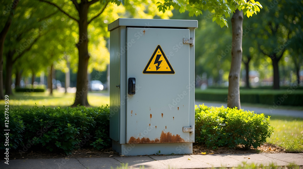 Metal electrical box with yellow warning sign and black lightning bolt symbol placed on grass in a peaceful outdoor setting Metal electrical box with yellow warning sign and black lightning bolt symbol placed on grass in a peaceful outdoor setting